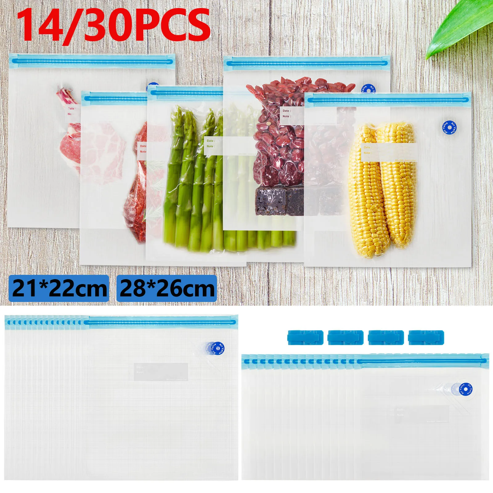 14/30Pcs Vacuum Sealed Food Bags Leak Proof Reusable Food Storage Bag Zipper Freezer Bag Gallon Freezer Bags Kitchen Accessories