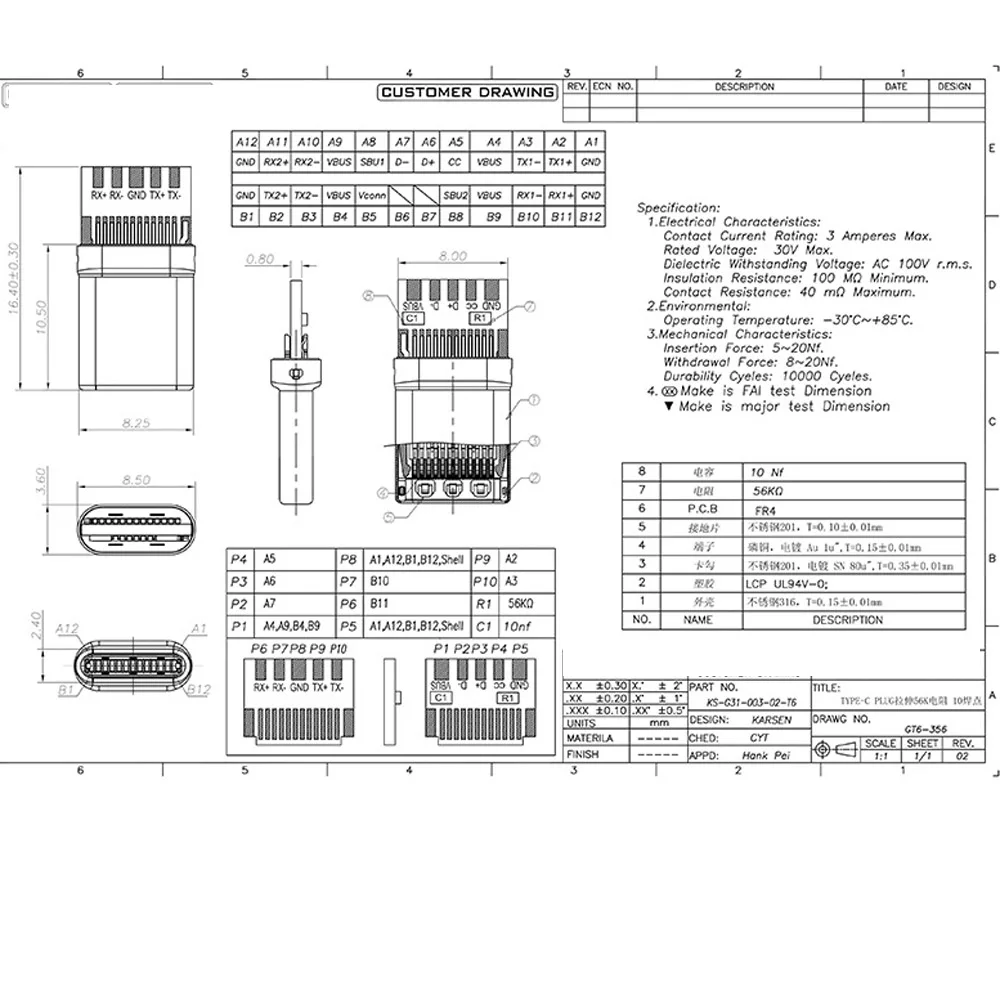 100 Stück USB 3.1 Typ-C Steckverbinder 14-24 Pin Stecker/Buchse Adapter zum Löten von Drähten & Kabeln mit PCB-Platinenunterstützung – Detail 12