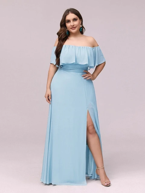 Plus Size Evening Dresses Off The Shoulder Bridesmaid 2022 Ever Pretty fo Long Lace Sleeve Elegant Prom Dress for Women EP00968 Sky Blue