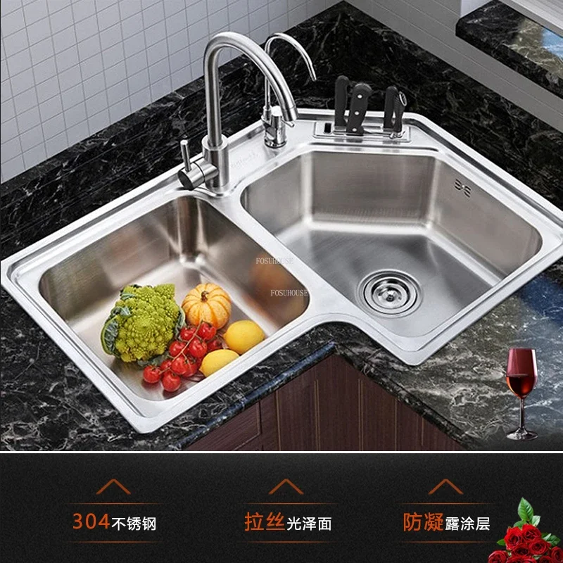 Modern Stainless Steel Corner Kitchen Sinks Home Kitchen Accessories Double Slot Washing Basin Balcony sliver Brushed Sinks X