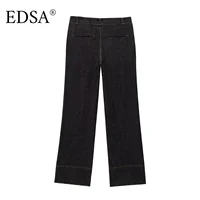 EDSA Women Black Denim Pants Set Fitted Shirt with Patch Pockets Pintuck Straight Leg Jeans Long Pants Suit - Image 5