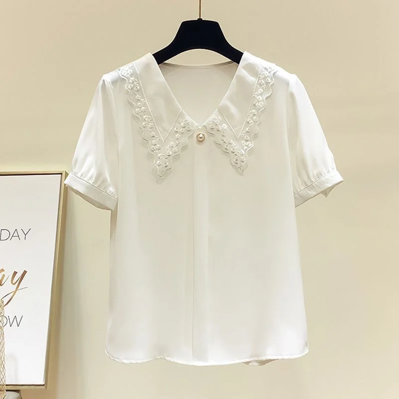 여성 봄 여름 스타일 블라우스 셔츠 레이디 캐주얼 반소매 피터팬 칼라 블라우스 탑 ZZ0792