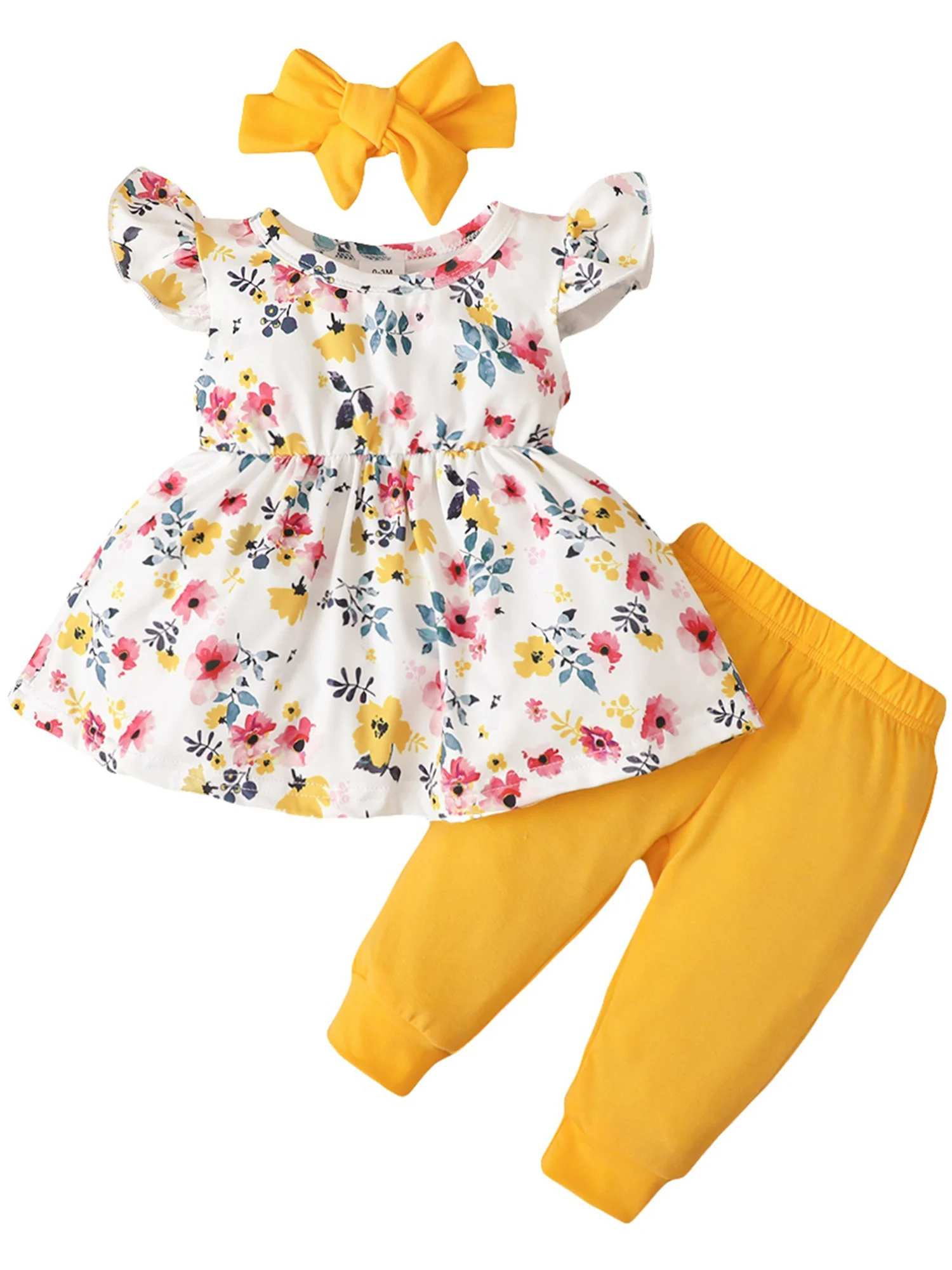 

Kids Girls Clothes, Fly Sleeve Round Neck Floral Tops Solid Color Jogger Trousers Head Band Casual Outfits
