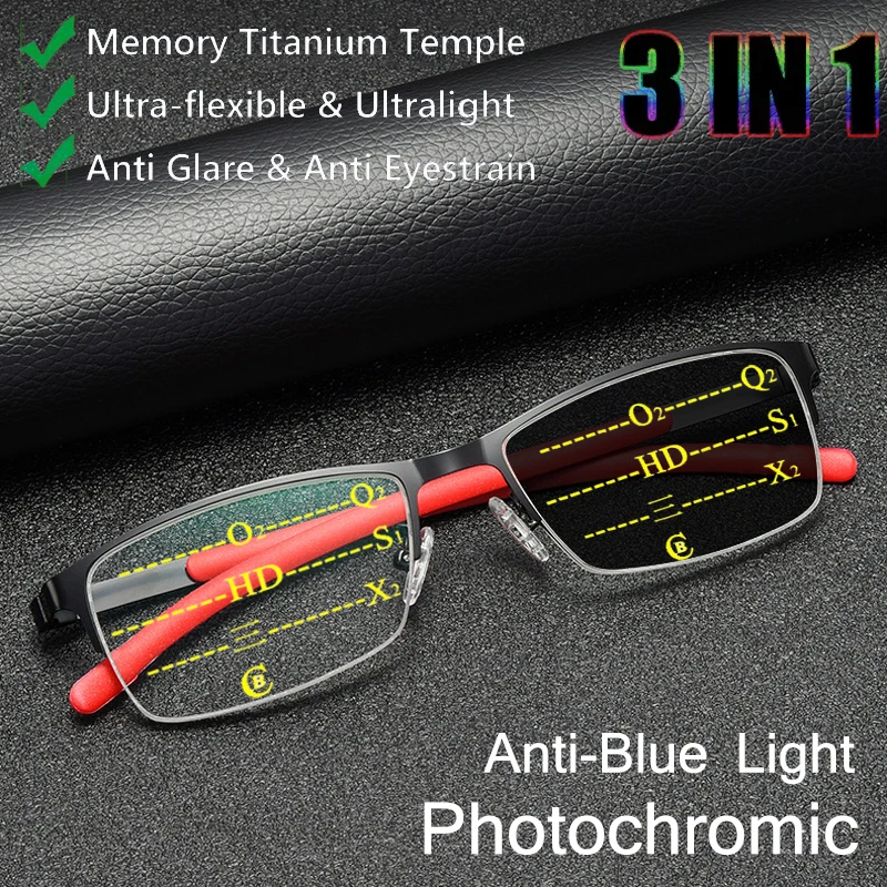 

Progressive Photochromic Resin Lense Reading Glasses Men Near-far dual-purpose multi-focus Anti Blue Ray Hyperopia Eyeglasses