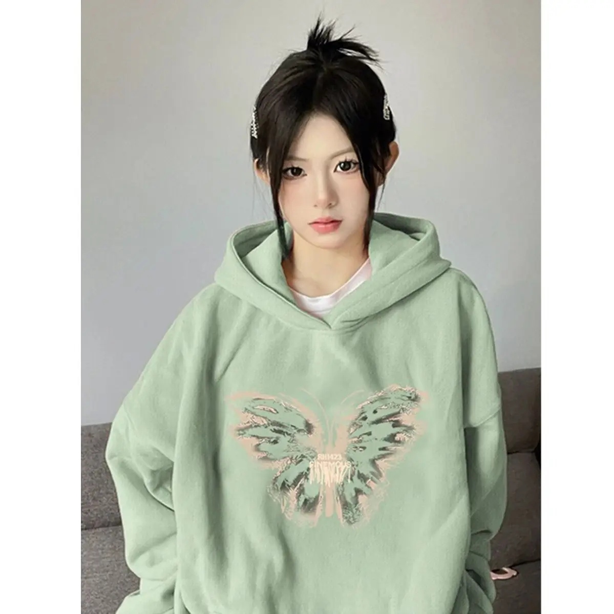 American Butterfly Hooded Hoodies 2023 Spring Autumn Women Loose Gentle Lazy Style Casual Versatile Top amii minimalist lazy sweatshirt for women 2023 autumn new loose hoodies drawstring print casual pants separately 12343149