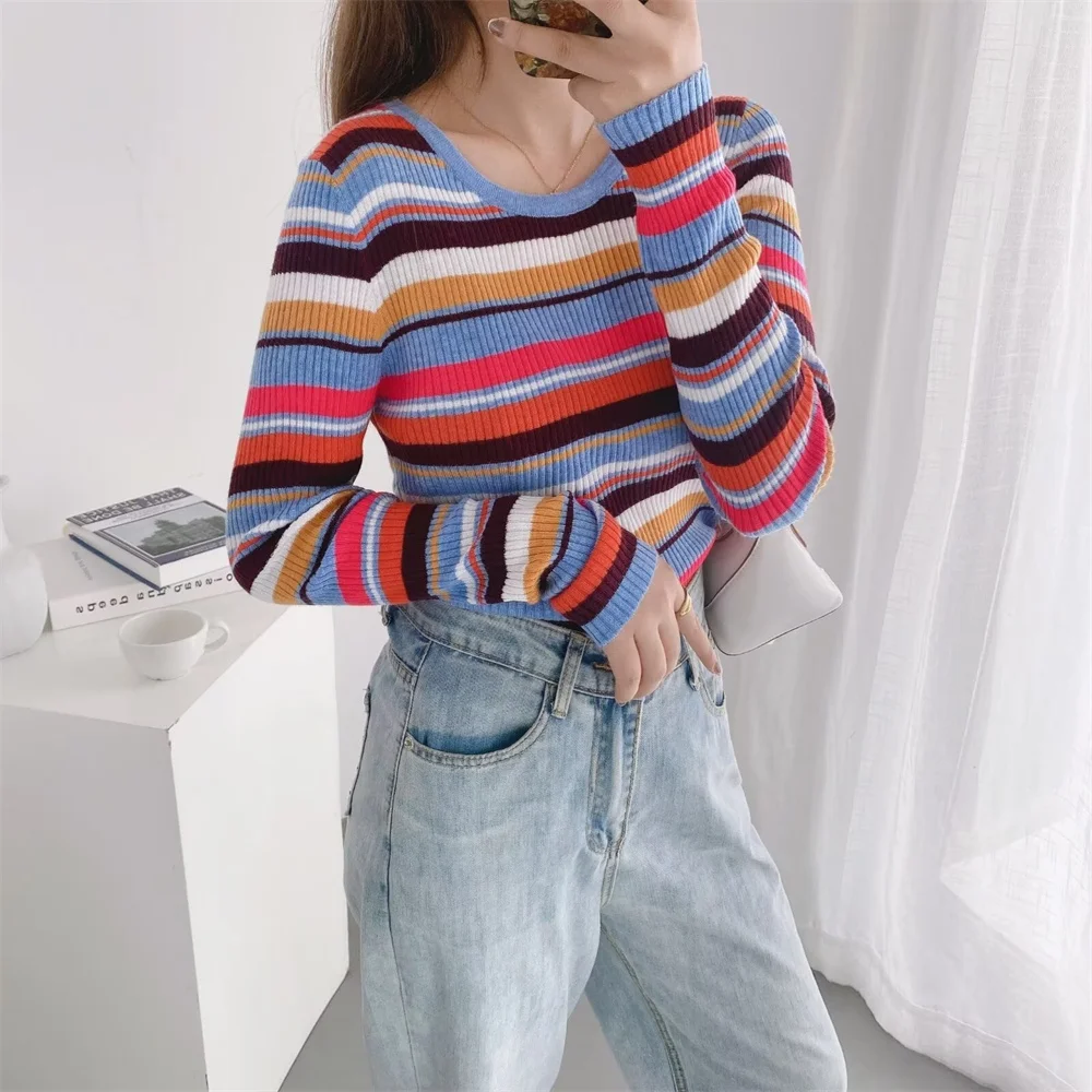 

Rainbow striped thin bottoming sweater for women 2023 autumn fashionable age-reducing chic slim fit long-sleeved round neck top