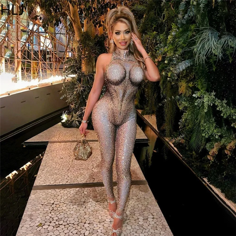 HLJ Spring New Rhinestone Bodycon Party Nigtclub Jumpsuits Women O Neck Sleeveless Slim Playsuits Fashion Female Print Overalls