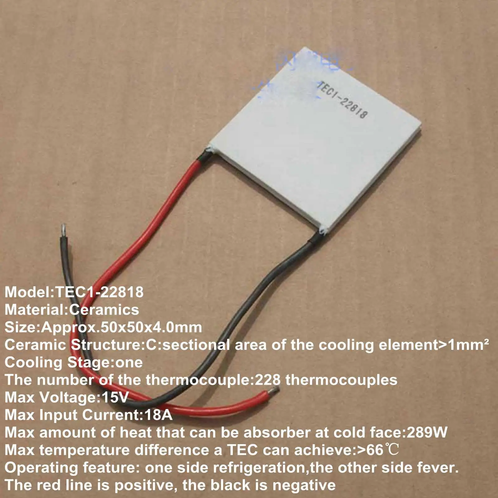 50x50x4.0mm 18A 15V 289W TEC1-22818 Thermoelectric Cooler Peltier Heatsink