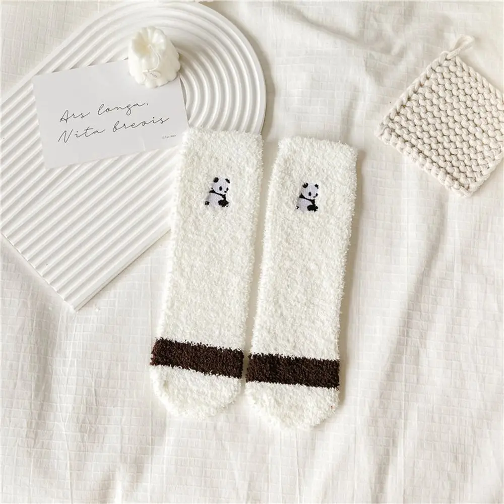 Thermal Socks Coral Fleece Panda Embroidery Mid Tube Socks Autumn Winter Socks Women Socks Home Sleeping Socks Floor Socks