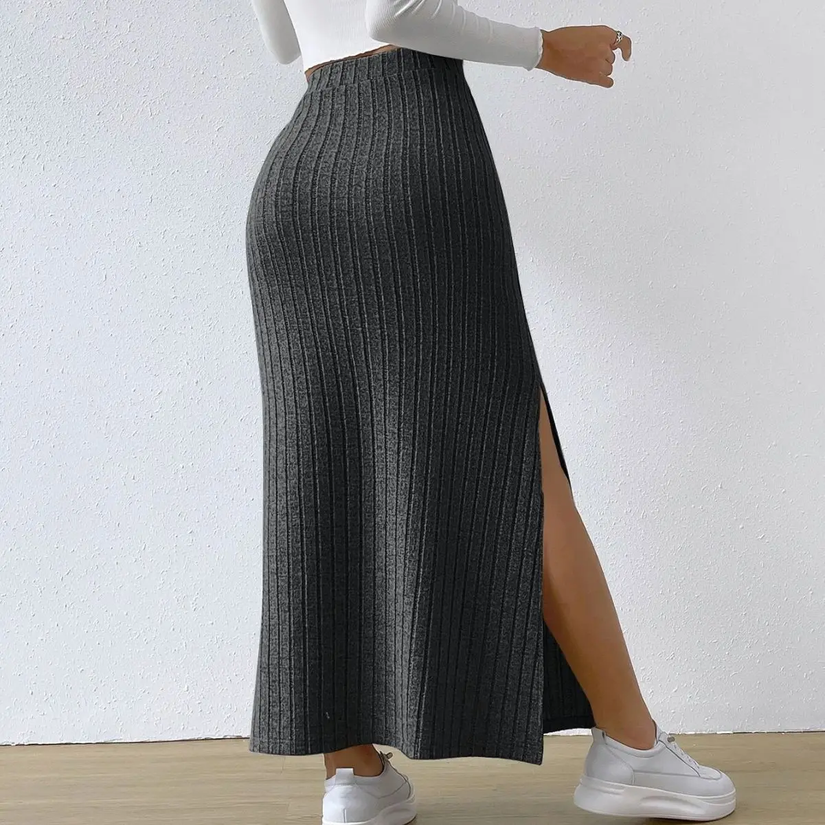 Spring Autumn Casual Women High Waist Skirt Sexy Knitted Side Slit Skirt Elegant Solid Office Long Skirts For Women Fashion 2023