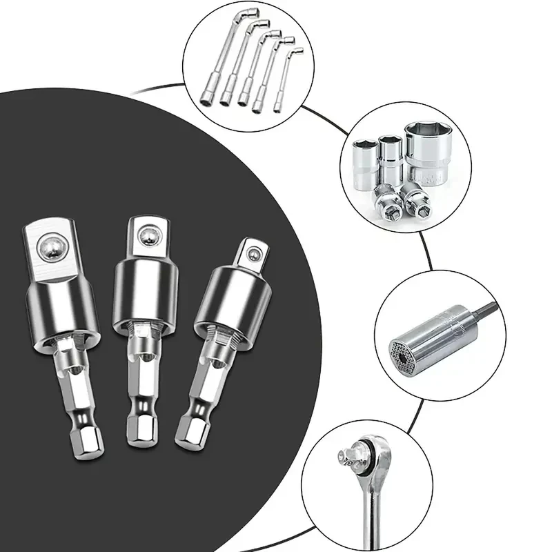 Drill Screwdriver Adapter 360&deg; Drill Pneumatic Screwdriver Sleeve Universal Adapter Hexagonal Shank Turn Square Head Swivel Extension Tool Set 3PCS