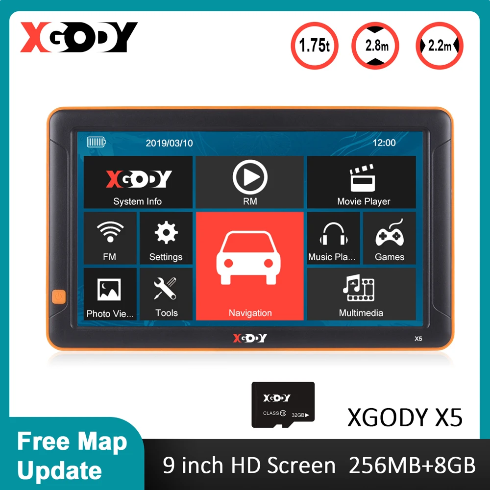 

XGODY 9 Inch HD Vehicle GPS Truck Car GPS Navigator 256MB 8GB Bluetooth AVIN Support Rearview Camera Navitel 2023 Europe Maps