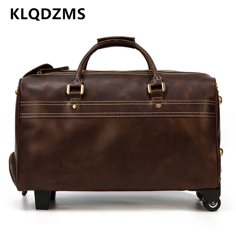 

KLQDZMS 22" Inch Men's New Leather Trolley Suitcase Retro Cowhide Travel Bag Large Capacity Luggage Rolling Business Handbag