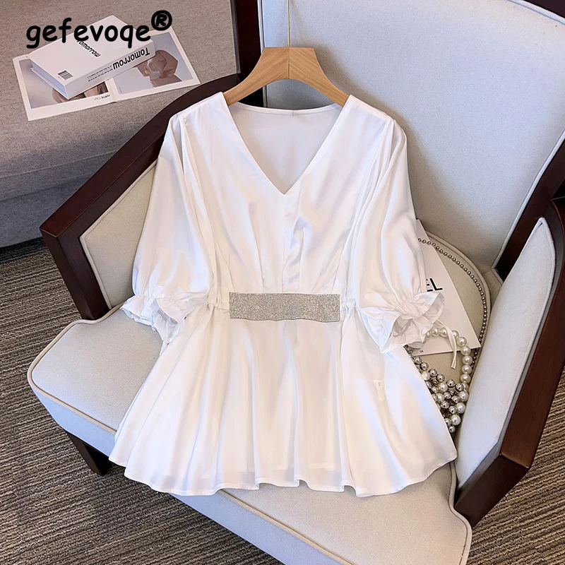 

Women Summer Fashion Sequin Patch Designs Elegant Blouses V Neck Short Sleeve Lace Up Shirts Black White Loose Tunic Tops Blusa