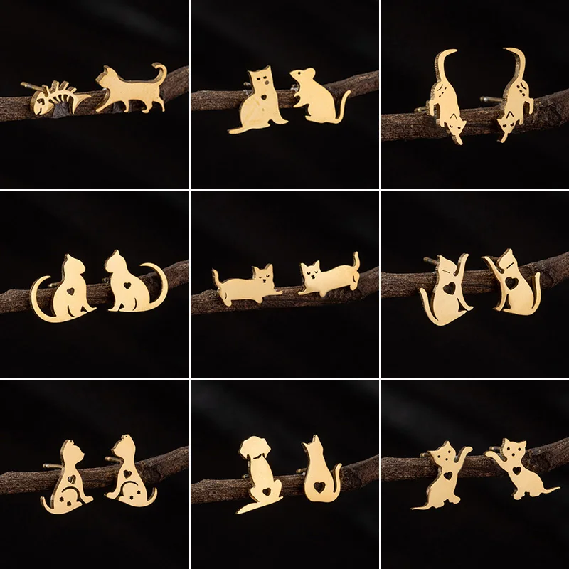 Niedliche goldene Edelstahl-Katzenohrringe für Damen, Schmuck, modische Tier-Ohrringe, Kätzchen-Ohrstecker, lustiges Ohrpiercing-Accessoire
