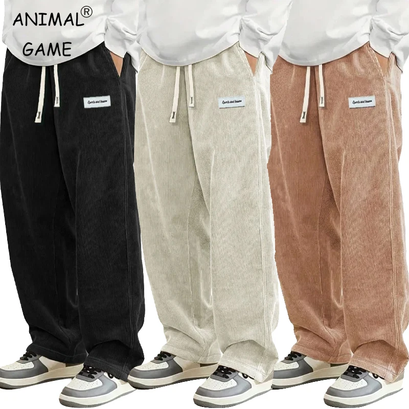 New Mens Corduroy Casual Pants Fashion Loose Fit Baggy Pants Straight Sweatpants Elastic Waist Drawstring Outdoor Streetwear