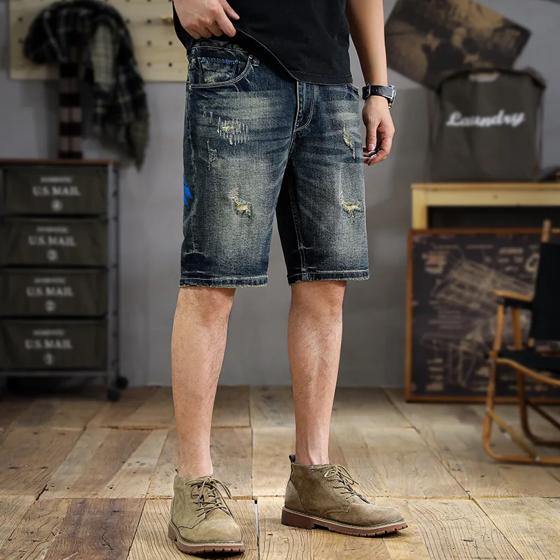 Retro Washed Distressed Scrape Denim Shorts Men's Summer New 2024 Fashion Printed Design Slim Ripped Cropped Pants