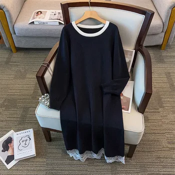 155Kg Plus Size Women's Bust 160 Autumn Winter Long O-Neck Long Sleeved Lace Sweater Dress Black 4XL 5XL 6XL 7XL 8XL 9XL