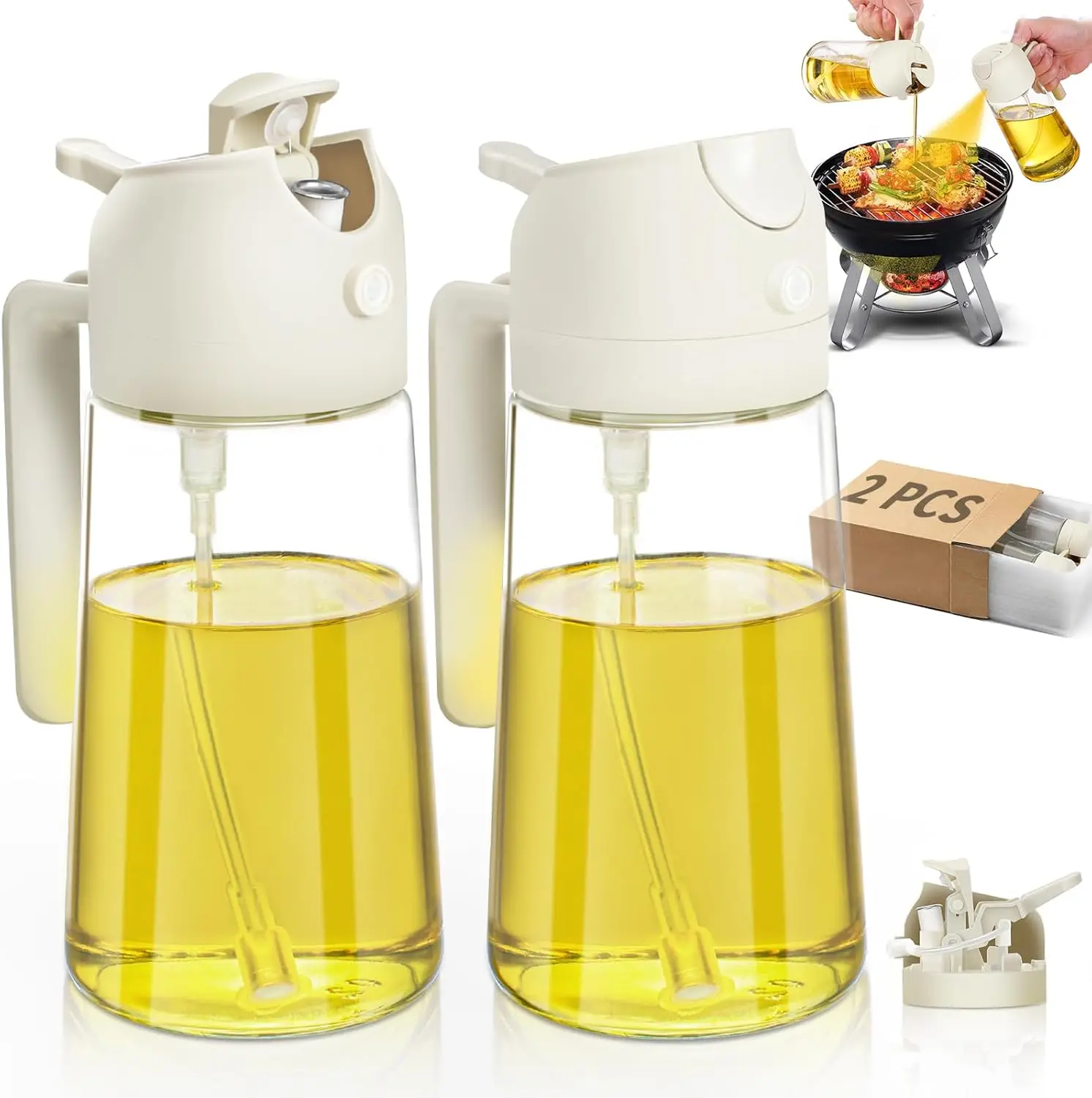 Oil Sprayer for Cooking 2pcs,2 in 1 Oil Dispenser and Sprayer Kitchen Gadgets-16oz Glass Spray Bottle,Mist Olive set