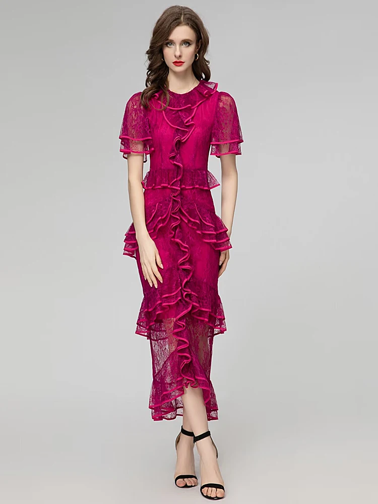 

Women's Runway Vintage Summer High Quality Fashion Party Purple Rose Red Lace Ruffle Asymmetric Sexy Nightclub Pretty Midi Dress