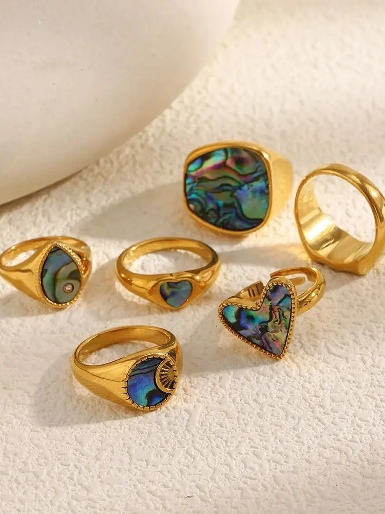 La. Muses Rainbow Abalone Shell Series Stainless Steel Women's Ring PVD Gold Plated Fashion Jewelry Accessories