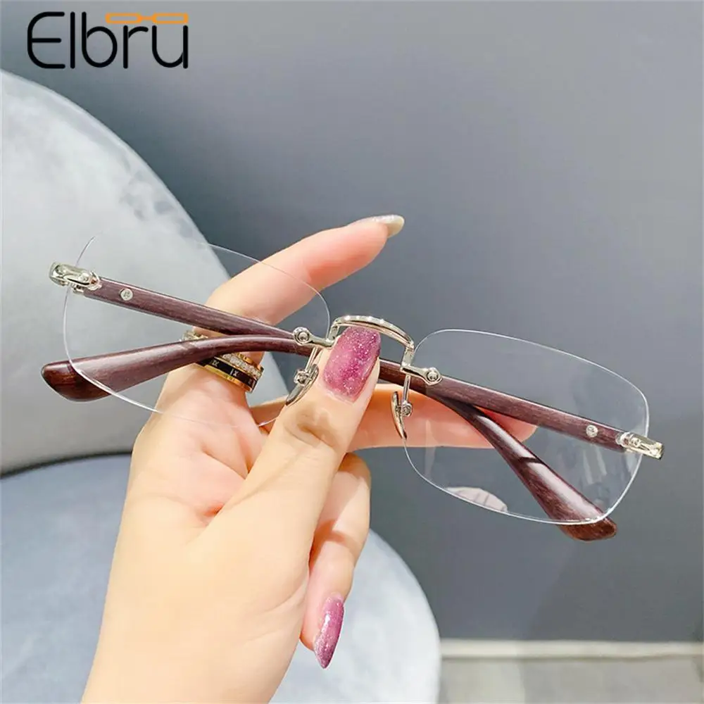 

Elbru Vintage Rimless Myopia Glasses Women Men Imitation Wood Grain Anti Blue Rays Nearsighted Eyeglasses Diopters 0-1-1.5 to-5