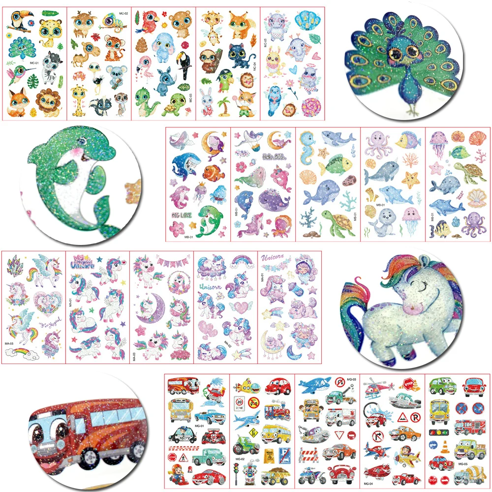 10 Sheets/Set Colorful Glitter Powder Tattoos Sticker Cartoon Animal ...