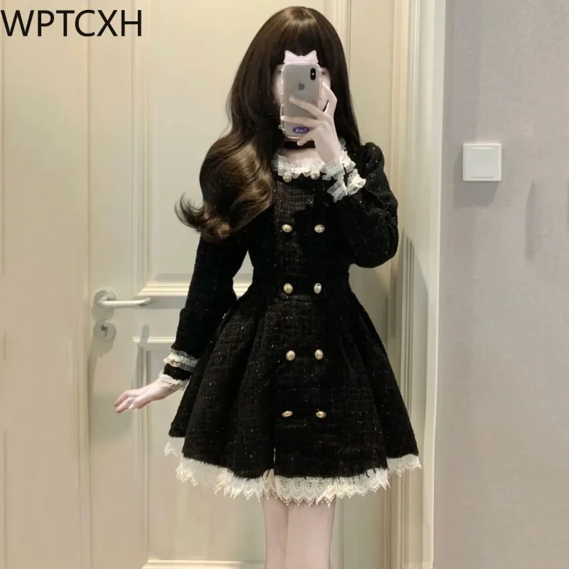 

Party Women Casual Elegant Gothic Mini Dresses Lolita Kawaii Clothing One Piece Dress Korean Y2k 2024 Autumn Vintage Tweed Dress