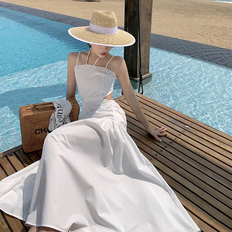

Sandro Rivers Seaside Vacation White Beach Dress Ladies Summer Backless Halter Skirt Elegant Hanging Neck A-line Gown