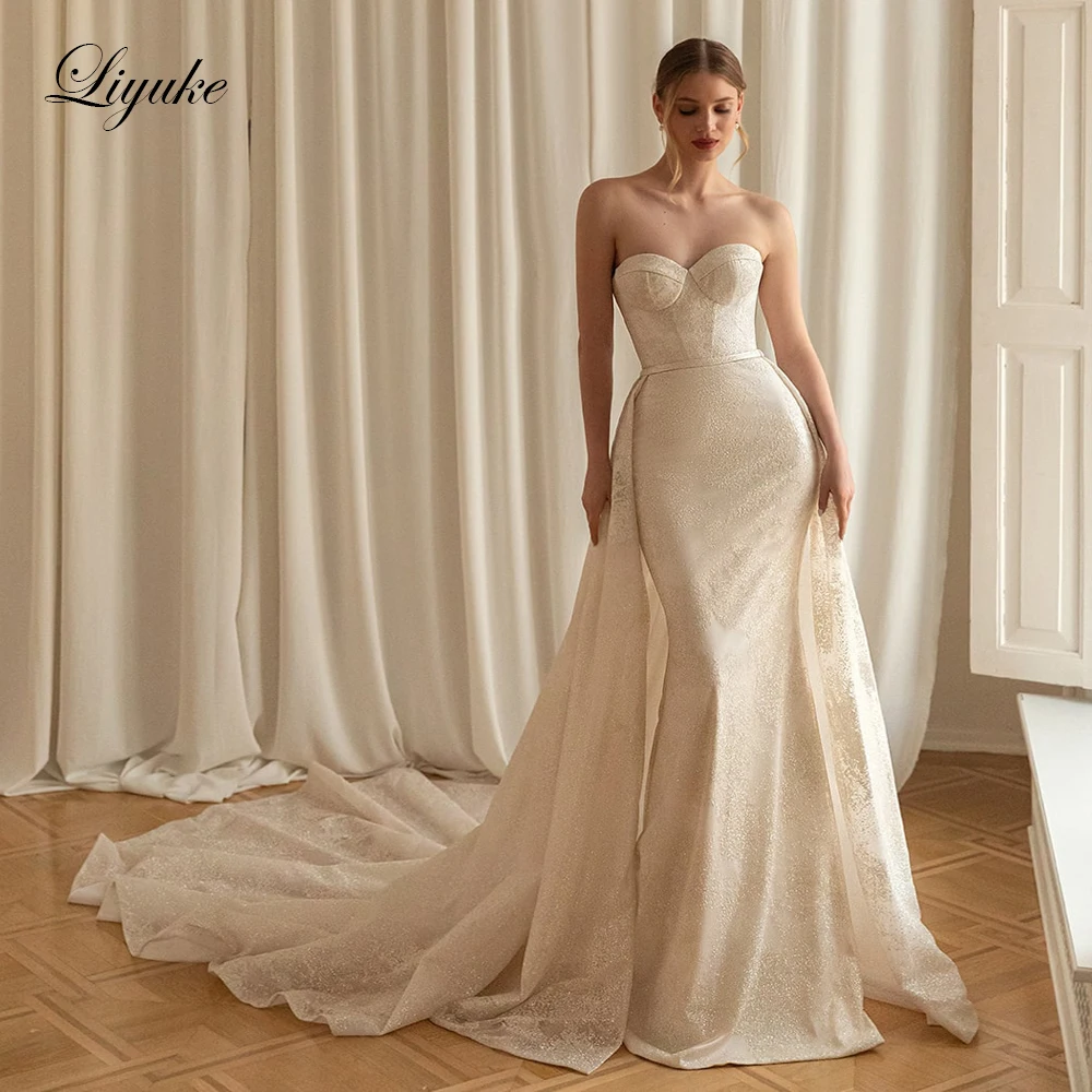 

Liyuke High Quality 2 In 1 Mermaid Bride Dress Beaded Appliques Lace Off The Shoulder Sweetheart Trumpet Wedding Gowns