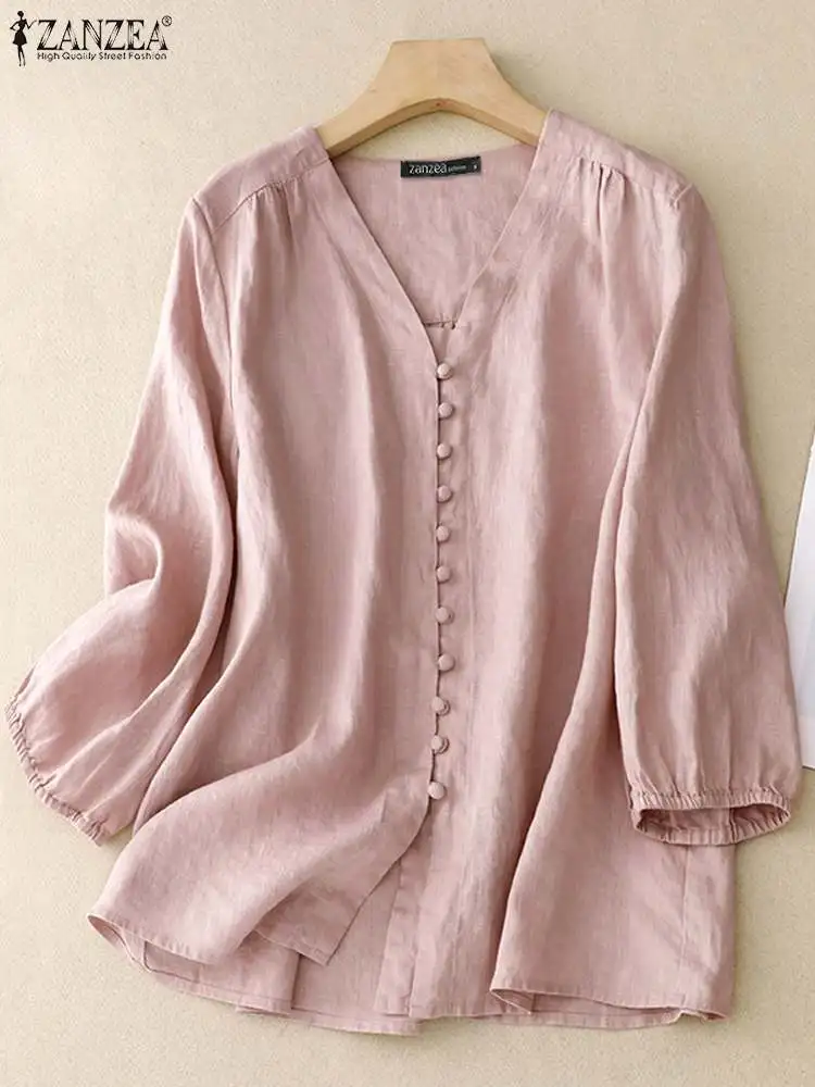 

Women V-neck Autumn Tops Tunic ZANZEA Fashion Solid Cotton Shirts Casual Loose 3/4 Puff Sleeve Blouses Vintage Buttons Chemises