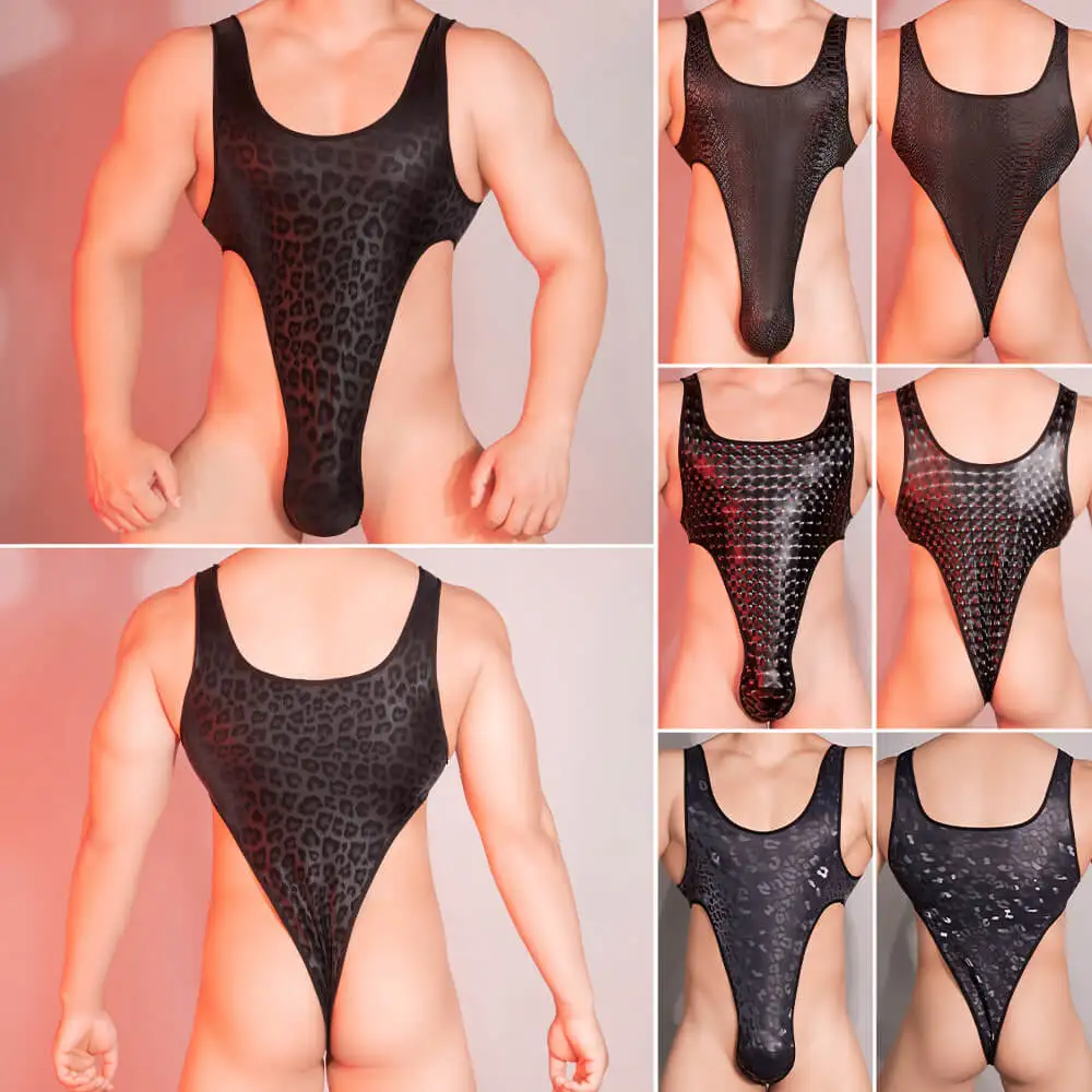 Men's Shiny Wetlook Mankini Briefs Bodysuit Sexy Tank Top Thong G-String Leotard Stretch Wrestling Singlet Catsuit Underwear