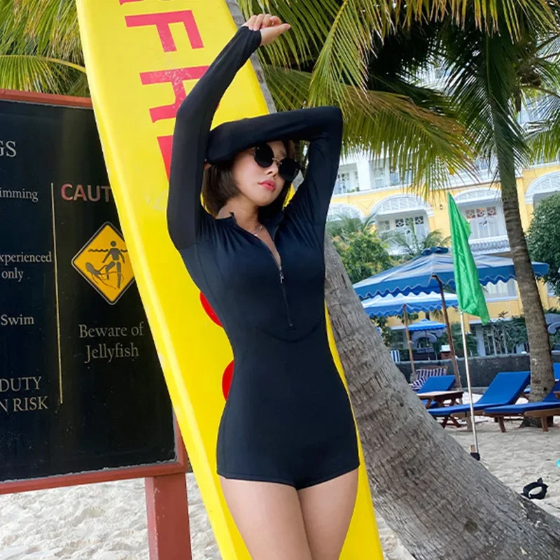 Long Sleeve Rash Guard Women Zipper One Piece Swimsuit Solid Swimwear Black Surfing Suit High Neck Diving Suit rash guard,surfing swimsuit