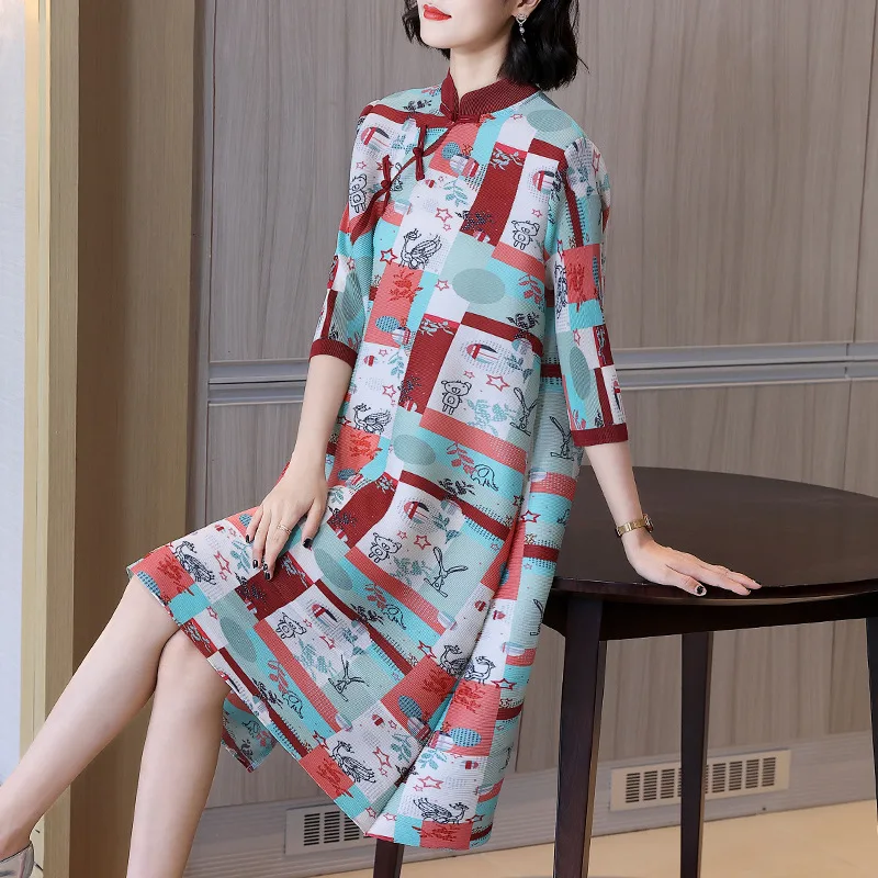 

Middle Aged Mom Autumn Dress New 2022 Dress Feminine Foreign Style Aging Print Pleat Large Size Dress