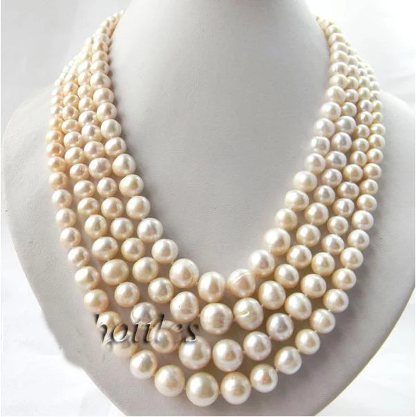 

Favorite Pearl Jewelry, 4 Strands 18'' 5-11mm White Round Freshwater Pearl Tower Necklace Flower Clasp,Wedding Party Lady Gift