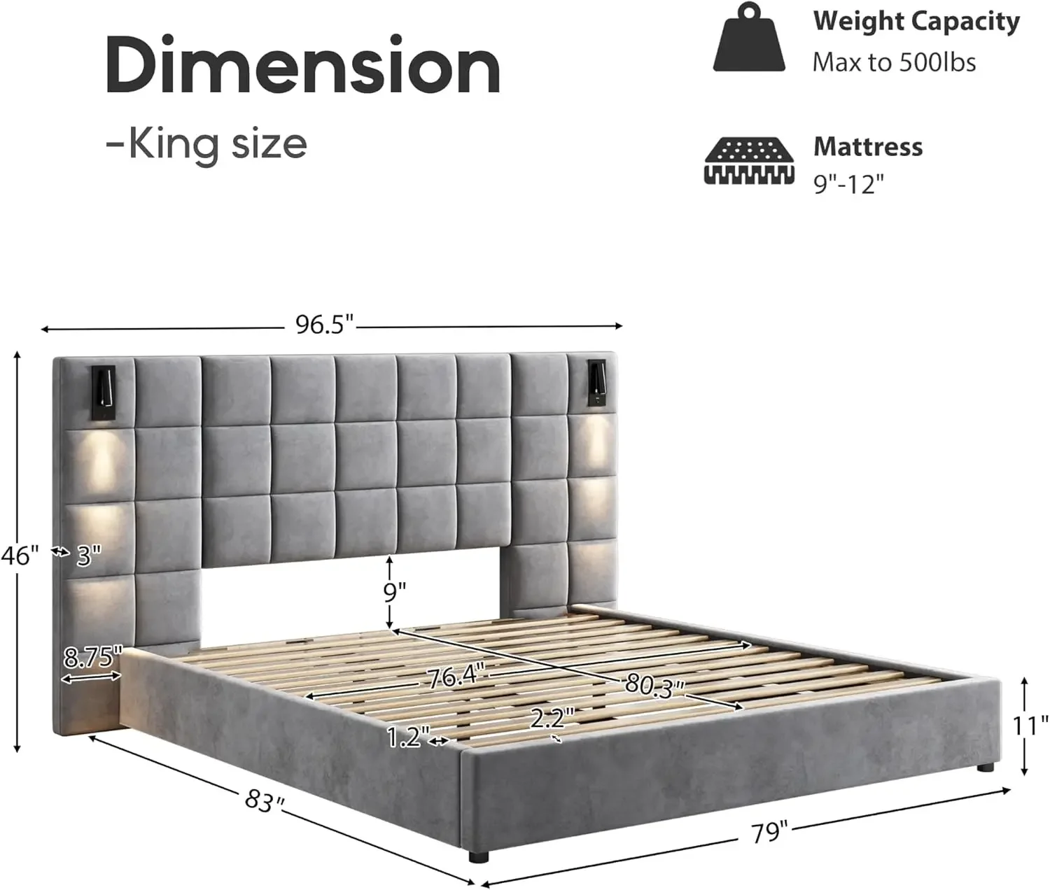 King Platform Bed Frame with Headboard,Elegant Velvet Upholstered Bed with Grid Pattern Padded Headboard,Easy Assembly,Grey 2