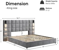 King Platform Bed Frame with Headboard,Elegant Velvet Upholstered Bed with Grid Pattern Padded Headboard,Easy Assembly,Grey 2