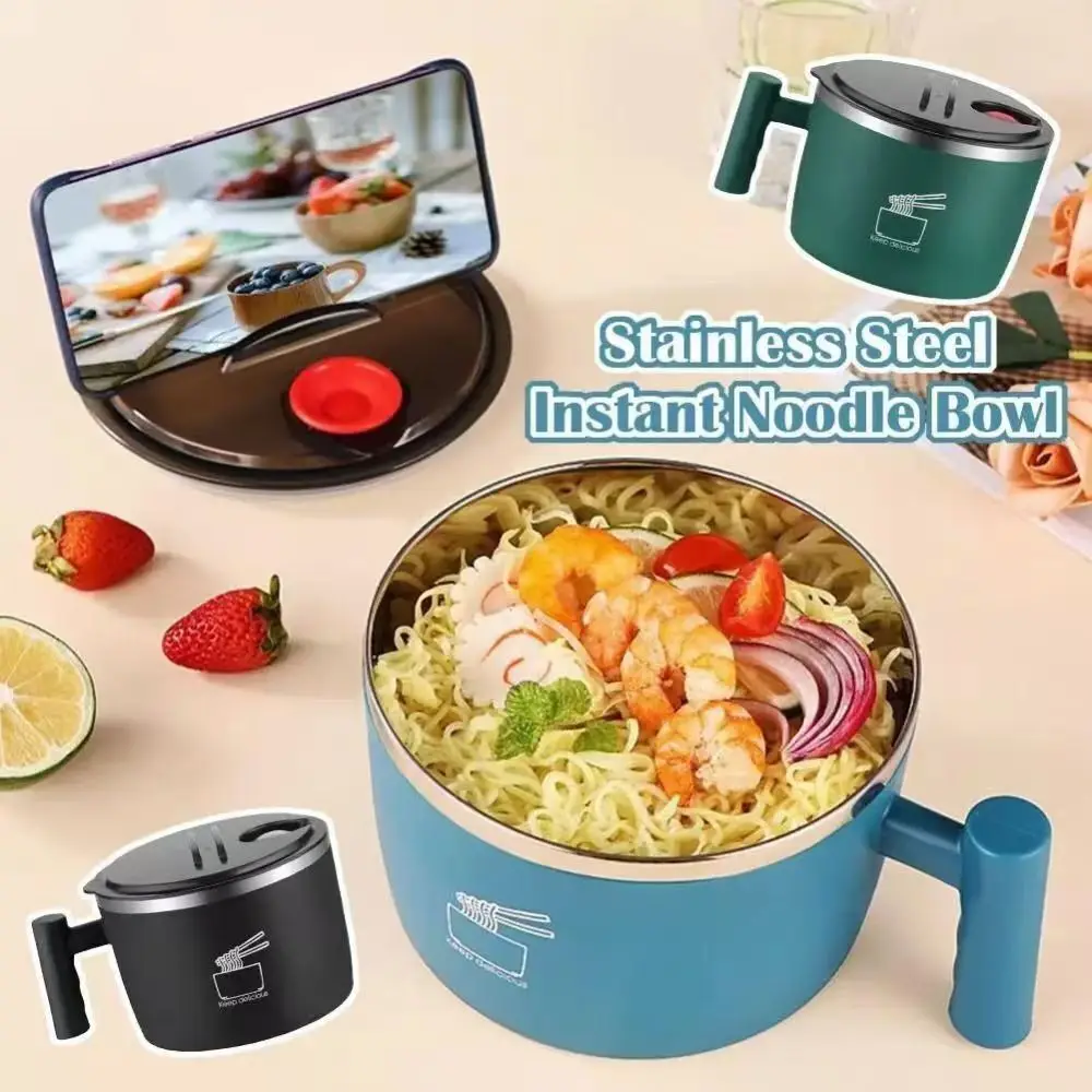 Stainless steel instant noodle bowl with lid student dormitory easy to wash large instant noodle bowl with drain outlet stainless steel bowl ramen bowl ceramic noodle bowl