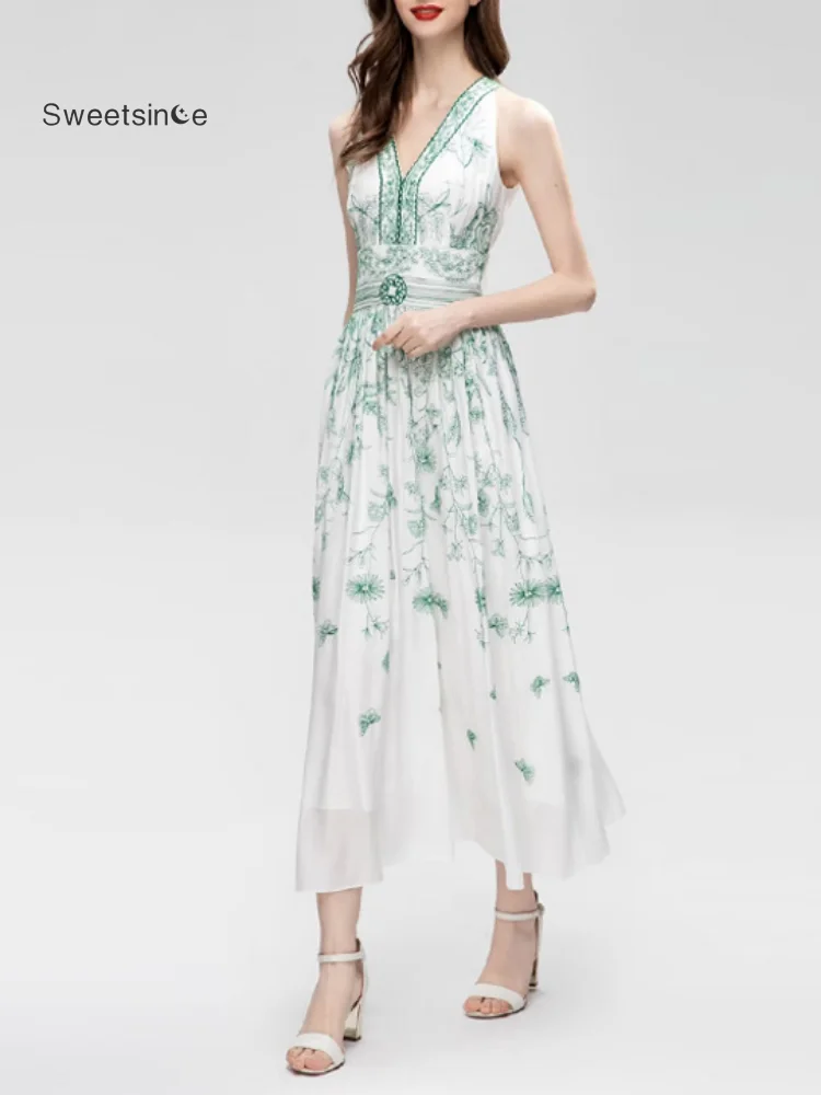 

Sweetsince Summer Sexy Deep V-Neck Sleeveless Slim Dress French Temperament Women's Embroidery High Waist Large Swing 2023 New