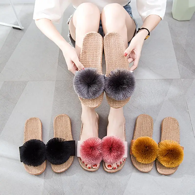 Linen Platform Slippers Women Home Hairball Designer Shoes Girls Fashion Casual House Elegant Slippers Flats Open Toe Indoor — view 2