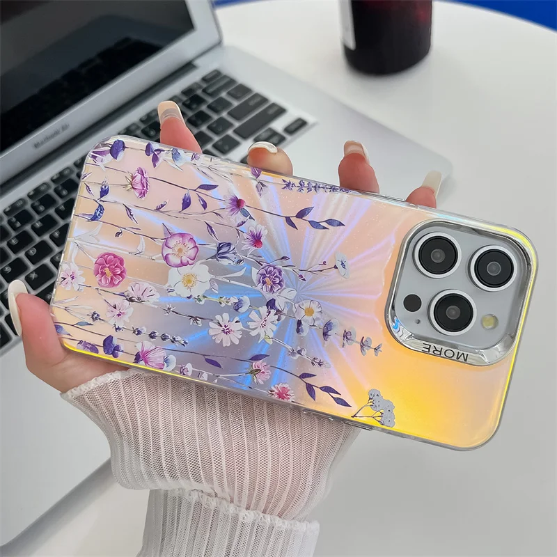 Coque de téléphone de luxe galvanisée à motif de fleur laser pour iPhone 16 15 14 13 Pro Max, coque arrière rigide antichoc en PC mat_voghion.com
