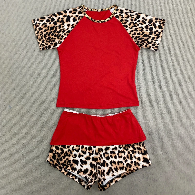 Y2k Sexy Trendy fashion American retro hot girl style leopard print contrasting suit slim fit short sleeved shorts two-piece set 1