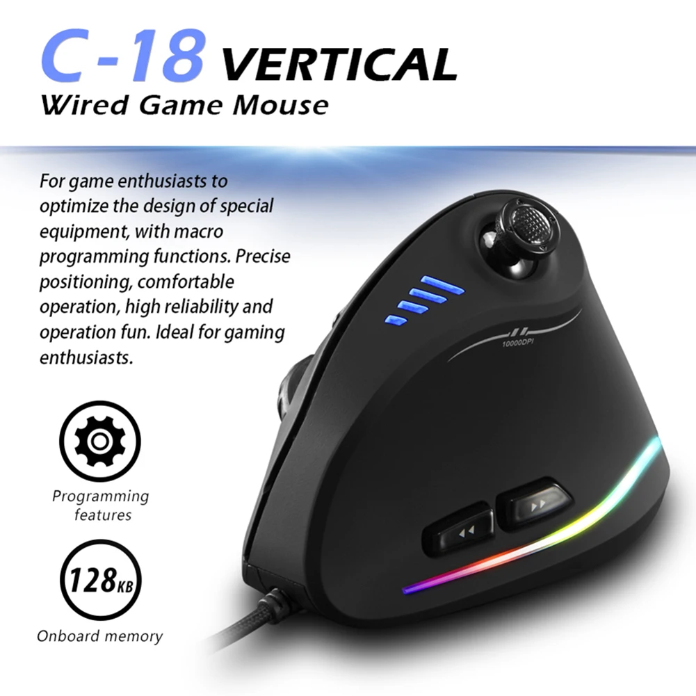 Mouse Vertical para Gamer Rgb Ergonômico Jogos Usb com Fio 11 Botões 10000dpi Ajustável pc Computador Zelotes-c18