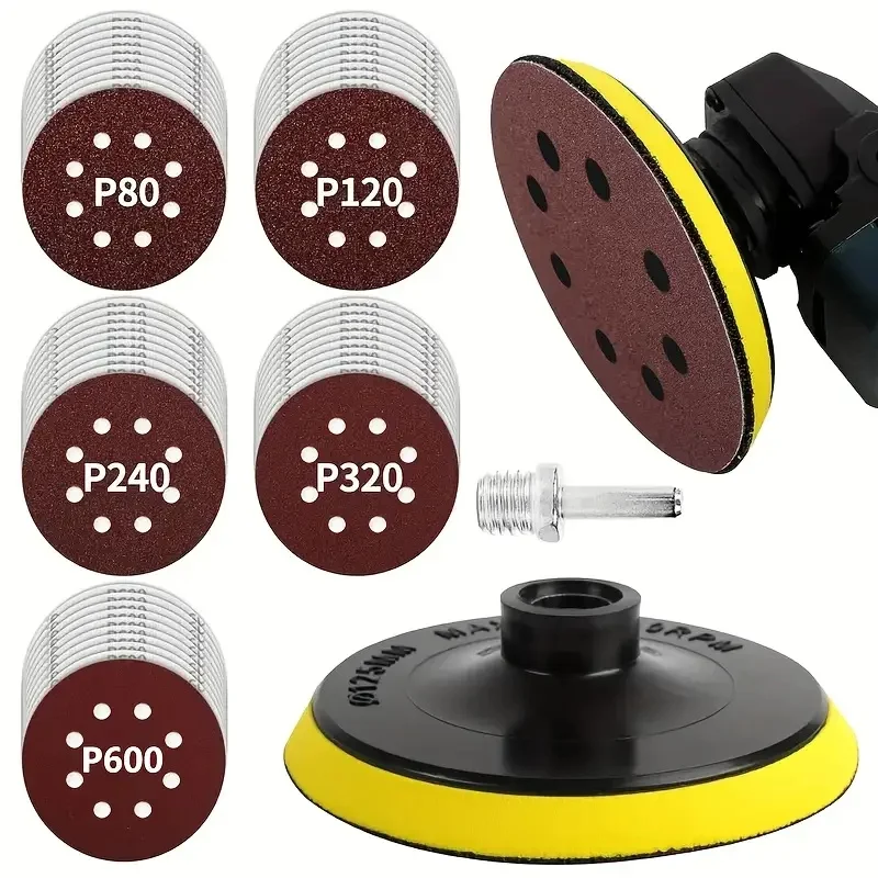 52 pieces/set 125mm/4.92 inches, sandpaper grinding sheet 8 holes sandpaper 80 mesh-600 mesh rotary grinding wheel tool