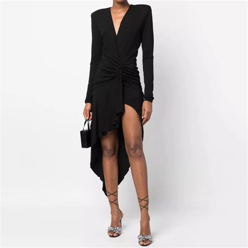 

elegant and pretty women's dresses 2023 Autumn New Korean Fashion Pleated Slim Fit Long dresses Asymmetric ruffled V-neck dress