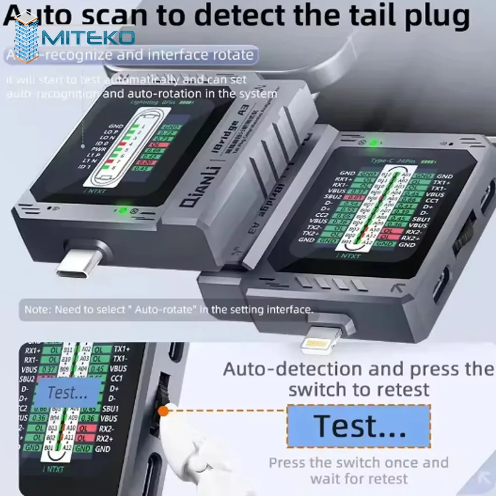 치엔리 iBridge A3 테일 플러그 테스터 종합 분석 타입-C 라이트닝 인터페이스 자동 스캔 휴대폰 안드로이드 진단 도구