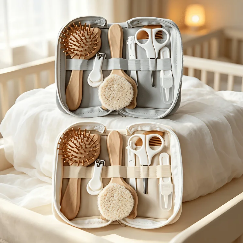 7-Piece Accessory Set for baby Daily Care, Including Wooden Brush, Air Cushion Comb, Nail Clipper, Nail File, Cleaning Forceps