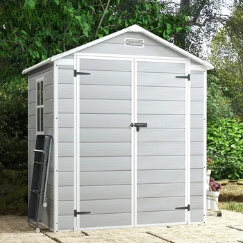 Abri de rangement extérieur en résine de 6x4 pieds avec fenêtres, salle de rangement extérieure grise toutes saisons 1