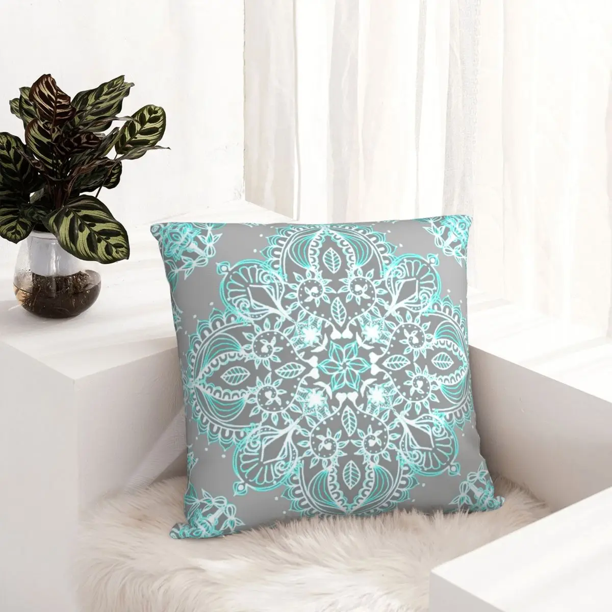 Teal And Aqua Lace Mandala On Grey Pillow Case Bohemian Dakimakura Cushion Pillowcase Cover Decor Cushions Home Sofa Bed Bedding | Дом и сад