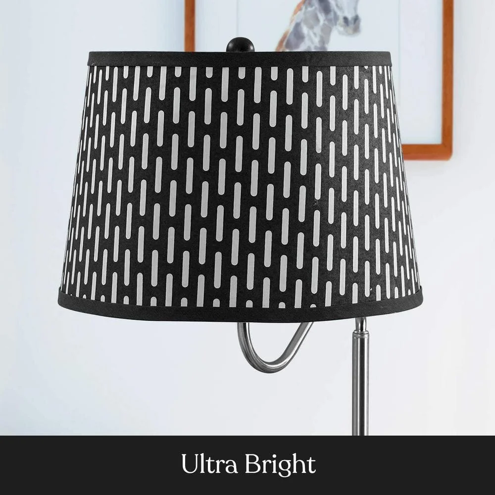 US Madison 56 in. Classic Black Mid-Century Modern LED Bedside Table Lamp with Fabric Drum Shade and Built-In USB Port
